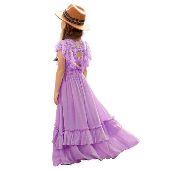 BIBIHOU Girls Lace Dress Ruffle Sleeve Boho Girl Dress, Lavender 6Y - Picture 1 of 8